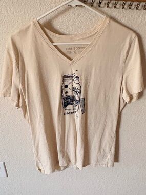 Life Is Good Cream V-Neck Tee with Navy Shell Graphic